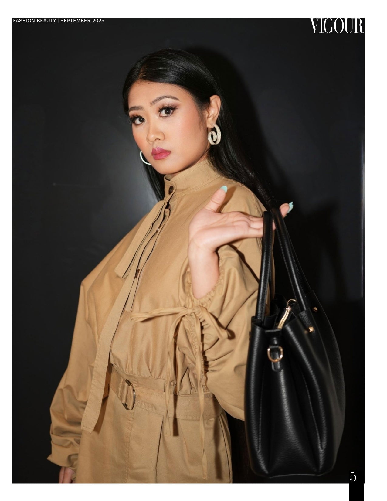 Model wearing Casta silver filigree earrings on Vigour magazine
