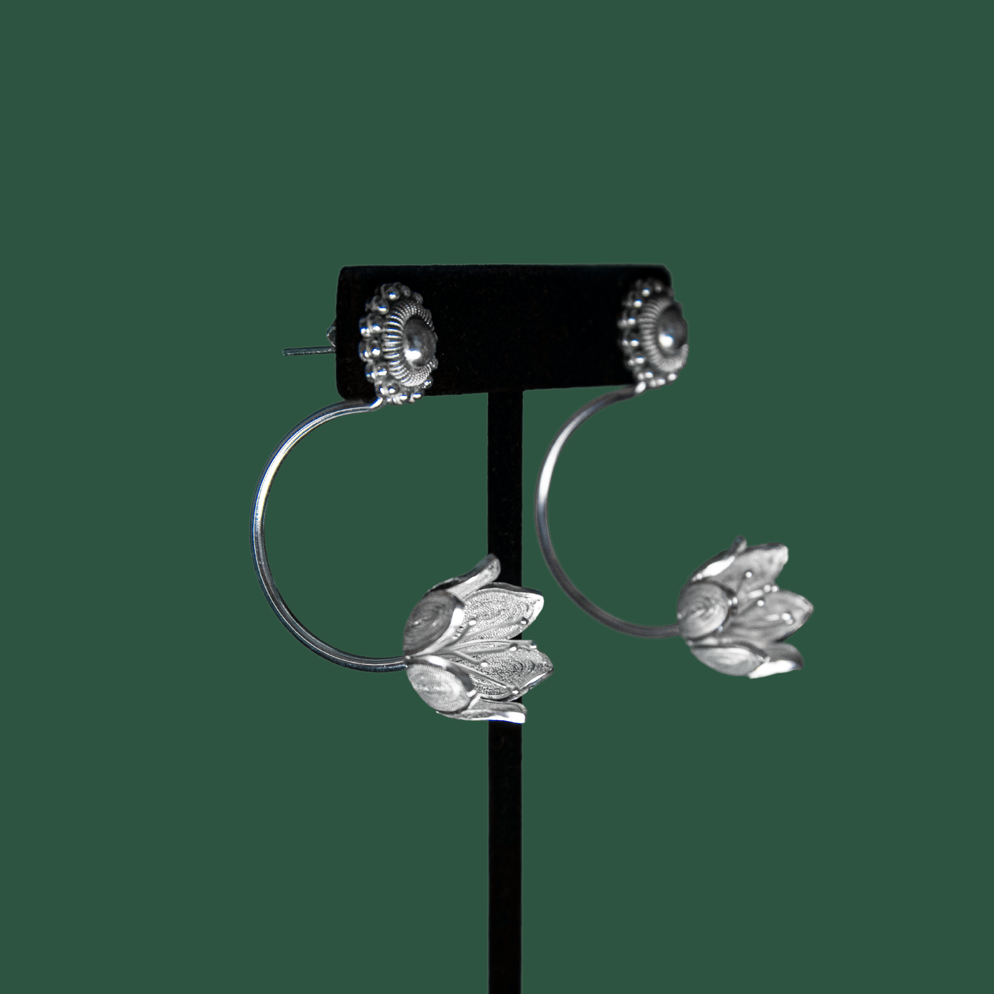 Jacinta, handmade silver filigree MorphEar earrings side profile
