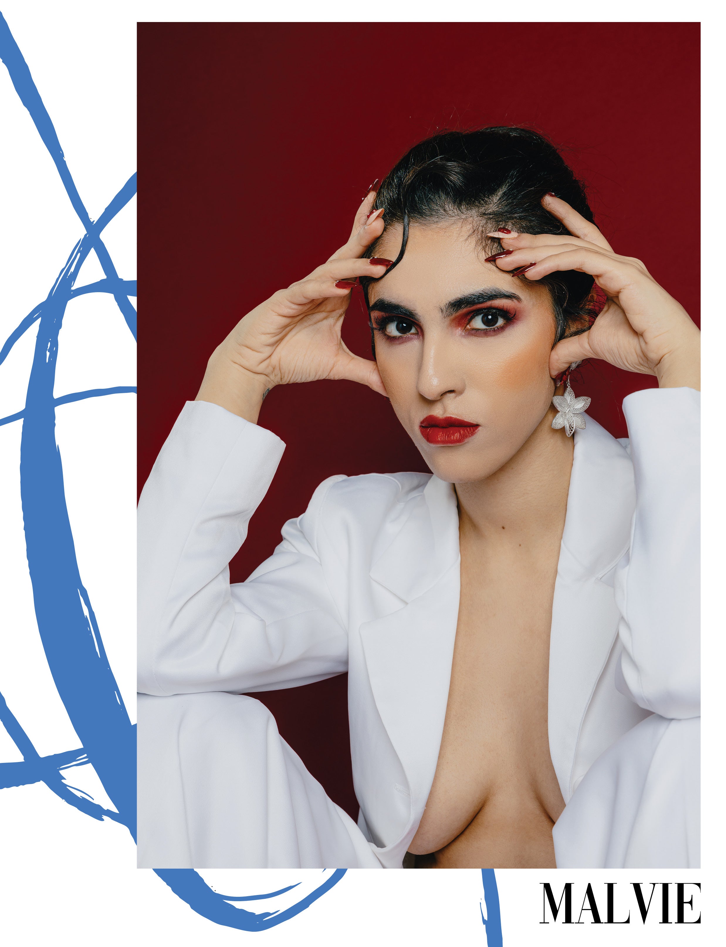Model wearing Magdalena, silver filigree MorphEar dangle earrings on Malvie