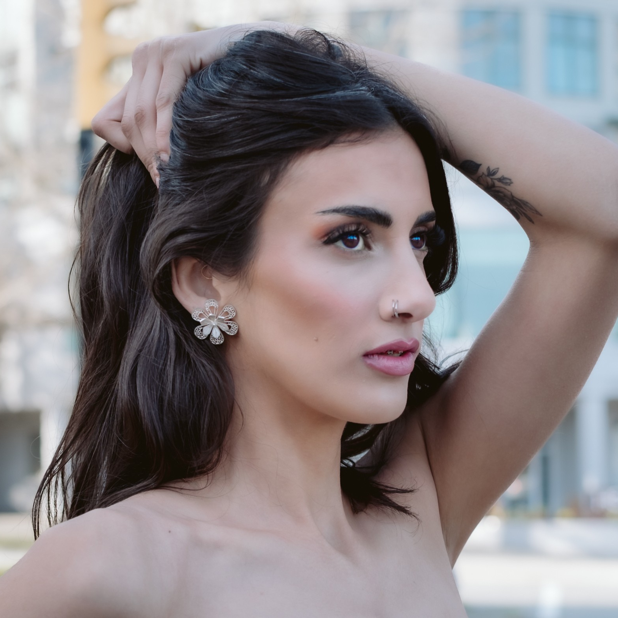 Woman wearing Prudencia, silver filigree MorphEar jacket earrings
