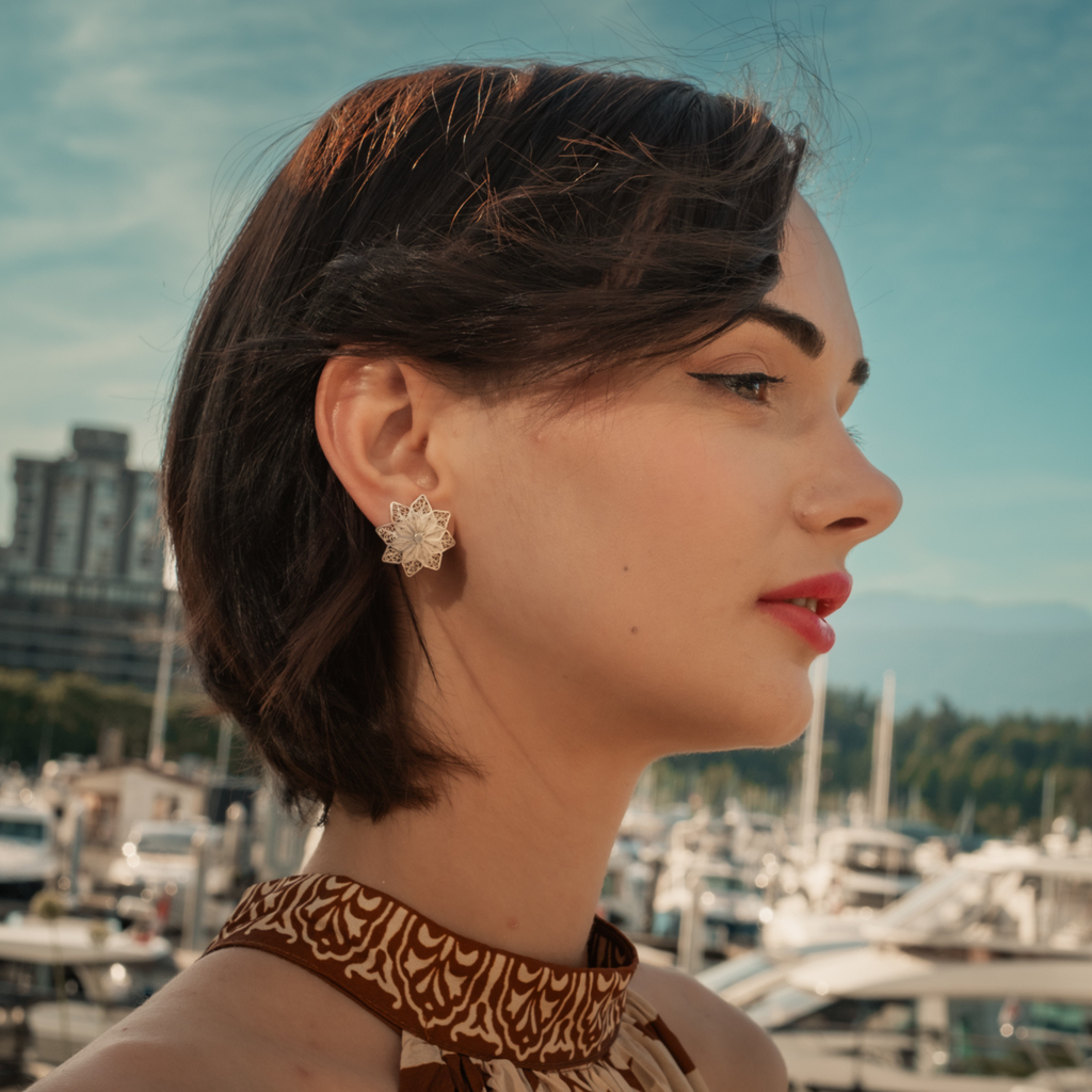 Woman wearing Violeta, silver Filigree MorphEar earrings by Valerosa